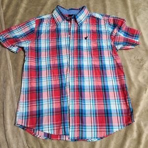 Wrangler Jeans Co red plaid button up short sleeve Boys XL 14/16